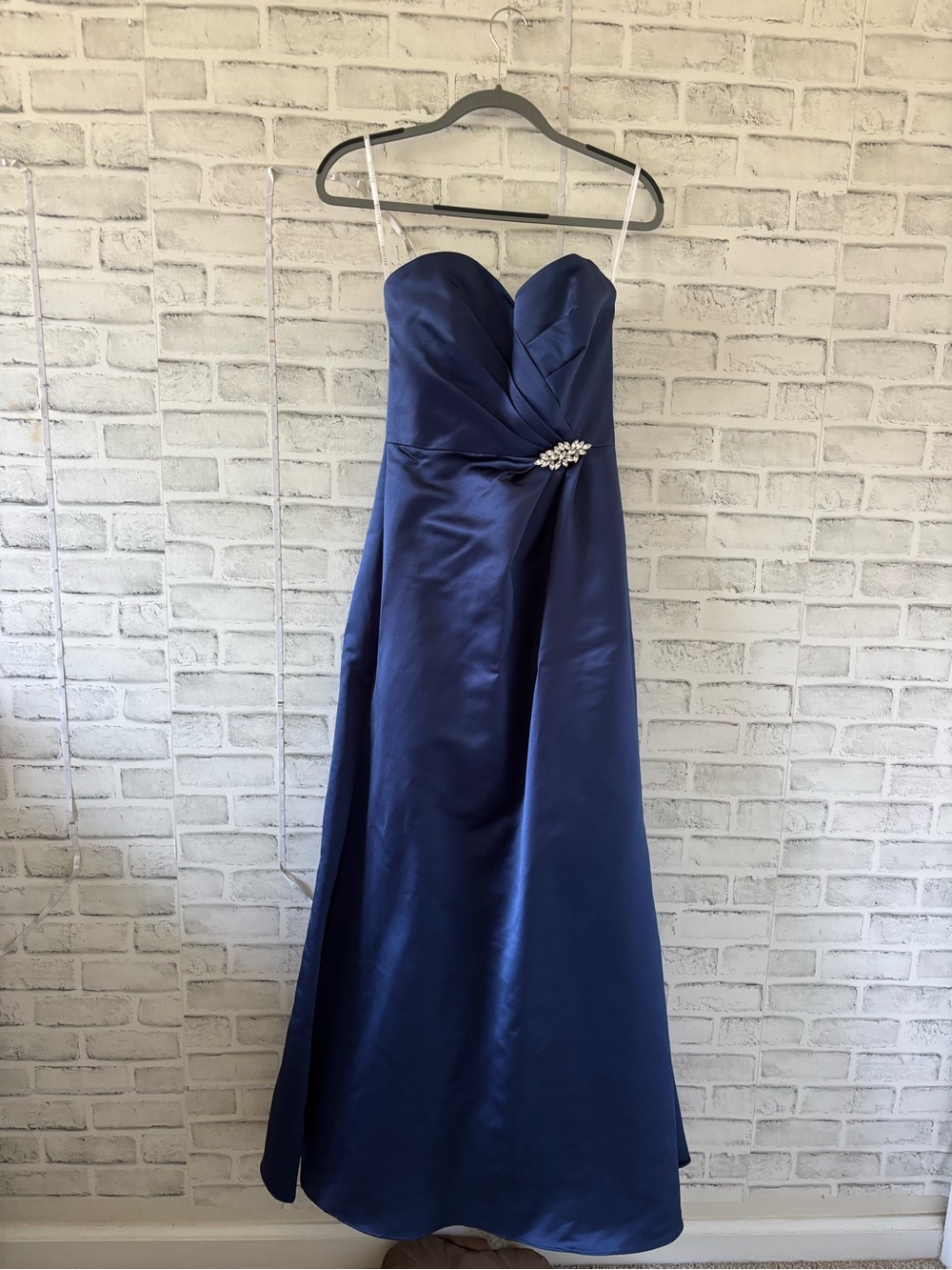 Navy Strapless Satin Evening Gown with Waist Jewel